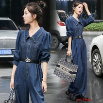 puildaug 넓은 다리 데님 점프 수트 여성의 봄과 가을 높은 허리 슬리밍 드레스 점프 수트