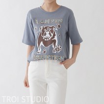 여자 불독 프린팅 라운드넥 캐주얼 데일리 반팔티