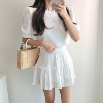 요시아나 [당일발송] 샤를리즈 퍼프소매 크롭 블라우스와 미니 스커트 투피스 세트 -2컬러