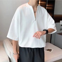 남성 반집업 차이나 넥카라 모던 디자인 반팔 티셔츠 반팔 티셔츠 무지 브리넥 남자 오버핏 라운드 티