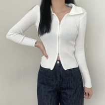 VANANA2 여성 미니멀 브이 절개핏 투웨이 골지 크롭 긴팔 니트 카라넥집업