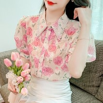 여름 비즈 칼라 반팔 셔츠 상의 디자인 서양풍 블라우스 여