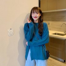 안나리야 라운드 오버핏 꽈배기 케이블 패턴 트임 롱 니트 SY
