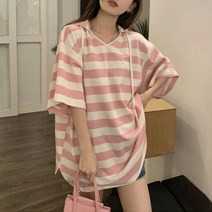 루즈핏 후드 단가라 여성 반팔 티셔츠 여름 캐주얼