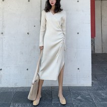 넷투넷코리아 여성 브이넥 미디원피스 니트 H라인 기본 데일리룩