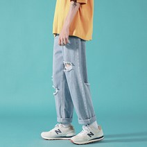 찢어진 청바지 남자 여름 얇은 유행표 끌다 와이드 팬츠 항구풍 힙합 고가 헐렁한 스트레이트 팬츠 유행