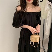 우아글로벌 여름 퍼프소매 롱원피스 반팔 오프숄더가능 휴양지패션 동남아원피스