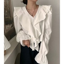 [2컬러/데일리룩] V넥 러플 꾸안꾸 심플한 여성스러운 블라우스