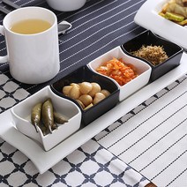 춤추는 피아노 도자기 4칸 소스 반찬 나눔접시 세트 트레이 3구 사각 접시 그릇, 반찬접시(블랙) 1개