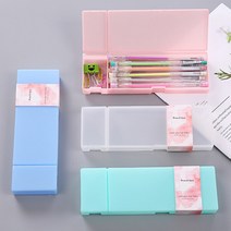 반투명 무지 필통 사각 플라스틱 분할 펜슬 케이스 문구 사무용품 필기도구 학용품 수납, 민트