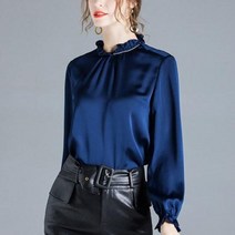 여자셔츠 여자남방 가을 긴팔 커버 배꼽 가볍게 요리 쉬폰 셔츠 전문 프릴 디자인 블라우스 여성 네이비 블루