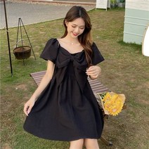 퐁순싸롱 스퀘어넥 퍼프 반팔 왕 리본 플레어 미니 원피스 SY