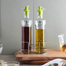 마시피렌체 밀폐 유리 오일병 2P세트 실리콘마개 계량눈금 거치대포함 참기름 들기름 간장 올리브오일