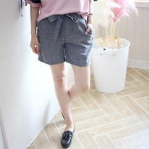 펀한사이즈 여성용 리본 4부 린넨반바지 반바지