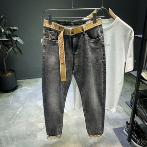 2022 봄 벨티드 데님 팬츠 보이핏 프리미엄 자수 밑단 프린트 스판 마이크로 배기 팬츠