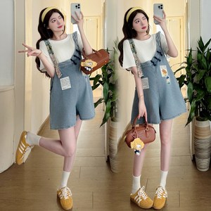임산부오버롤반바지 패치워크멜빵바지 이너티