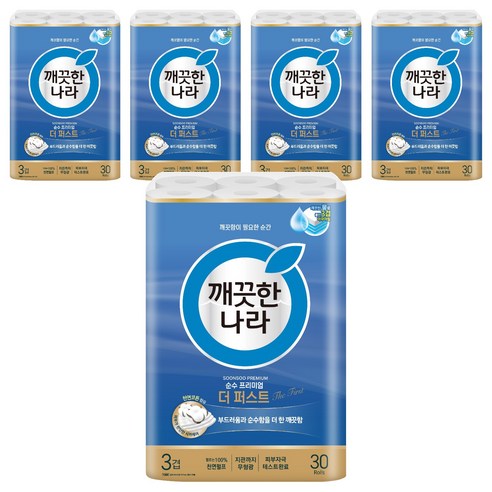 깨끗한나라 순수 프리미엄 더 퍼스트 천연펄프 3겹 고급롤화장지, 30m, 30개입, 5개