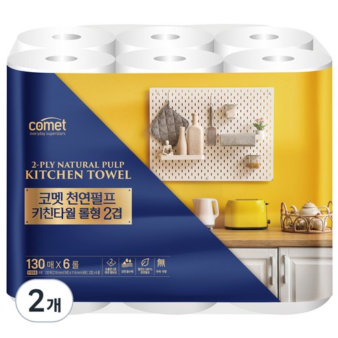 코멧 천연펄프 키친타올 롤형 2겹 130매, 6롤, 2개