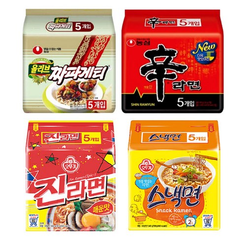 인기라면 4종 20개 짜파게티5 + 신라면5 + 스낵면5 + 진라면5, 1세트