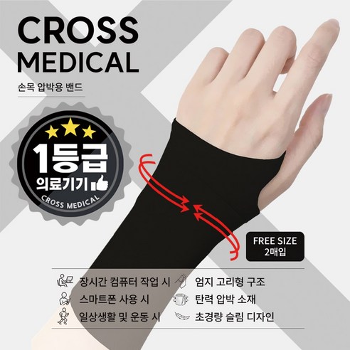 크로스메디컬 의료용 1등급 초경량 슬림 손목보호대, 블랙, 2개