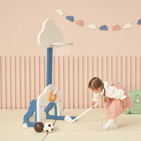 베네베네 클라우드 멀티플 유아 아기 농구대 (농구공1+축구공1+골프공2+링걸이1+링5+골프채1), 블루 화이트