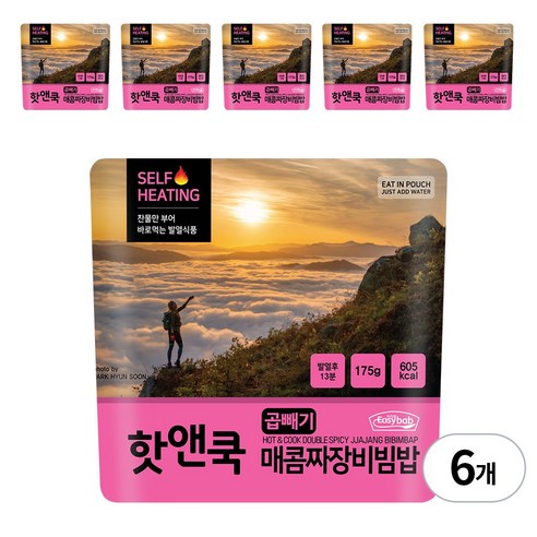 [이지밥] 핫앤쿡 곱빼기 매콤짜장비빔밥 발열도시락 전투식량 비상식량, 175g, 6개