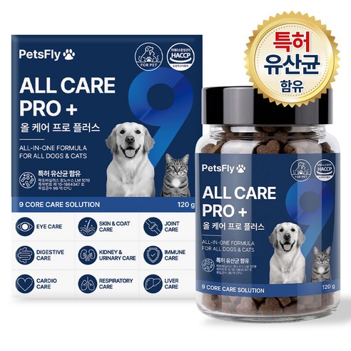 펫츠플라이 반려동물 강아지 올인원 영양제 기관지 면역 관절 심장 유산균 올케어 프로 플러스, 1개, 종합영양제, 120정
