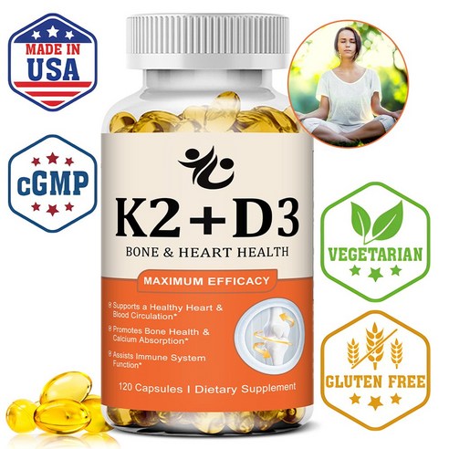 D3 + K2 비타민 식이보충제 - 뼈와 심장 건강 지원 - 비타민 K2 100mg 과 비타민 D3 5000IU - 120캡슐