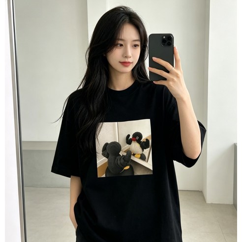 핑구 거울 프린트 루즈핏 오버핏 빅사이즈 반팔티셔츠 100% 면 통기성 썸머 라운드넥 여성티셔츠