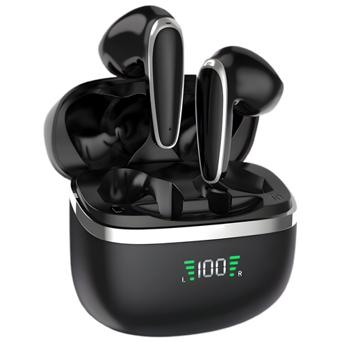 비파노 ENC 노이즈캔슬링 5.4 무선 블루투스 이어폰 LED 고음질 오픈형 이어폰, 블랙, BX-19