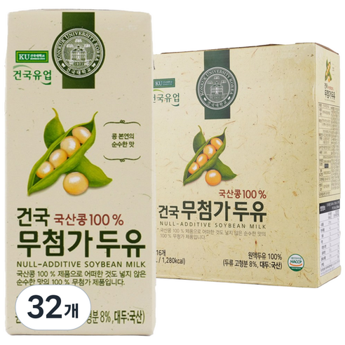 건국무첨가두유 국산콩 콩물원액두유 우리콩본연의 순수한맛, 190ml, 32개