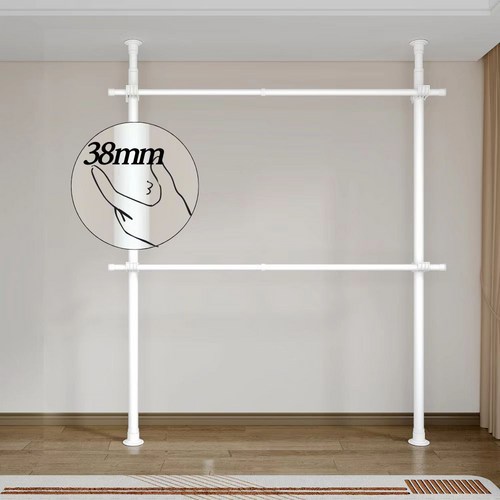 38mm 와이드 2단 행거 고정식 튼튼한 옷걸이 설치형 폭조절 2단 건조대, 화이트