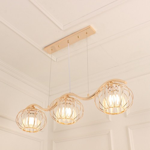LED 인테리어 식탁등 원형 프리즘 샴페인 골드 3등 카페 조명, LED 벌브 8W 주광색(하얀빛) 3개포함