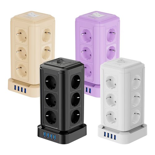 ORDFLES 16구 USB 타워형 멀티탭 고속 USB 충전 일체형 스위치 멀티탭 공간 절약형 수직 디자인, 블랙, 1개, 2m