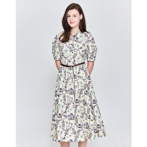 헤지스 [면100%]베이지 플라워 프린트 클래식 셔츠형 반소매 원피스 YMHSDR5B203I1