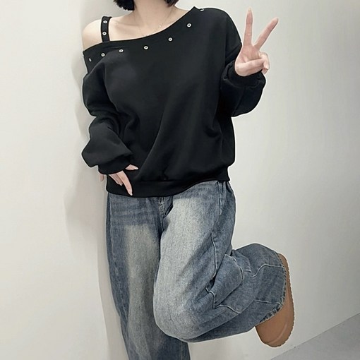 VANANA2 보호본능여친룩 원오픈숄더 스트랩 끈 오버핏 아일렛맨투맨 어깨 언발티셔츠