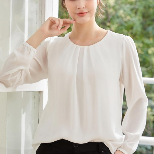 YAMANMAN 여성 블라우스 주름 디테일 라운드넥 쉬폰블라우스 오피스룩