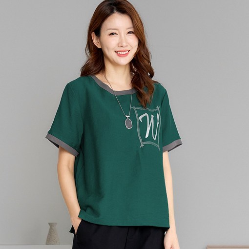 여성 찰랑찰랑 인견 배색 반팔 블라우스 셔츠 엄마옷 빅사이즈