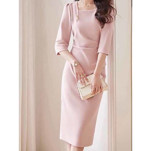 쩐쿠 여성 스퀘어넥 고급 셔링 하객 원피스 6711