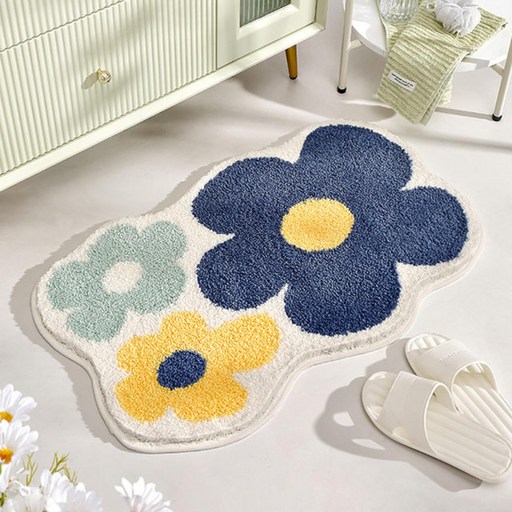 半島良品 仿羊絨吸水防滑地墊, 韓系雙花 藍色