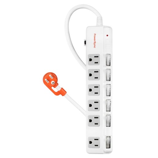 PowerSync 群加 6開6插斜面開關防雷擊抗搖擺延長用電源線組 3孔 TPS366BN9018, 1.8m, 白色, 1條