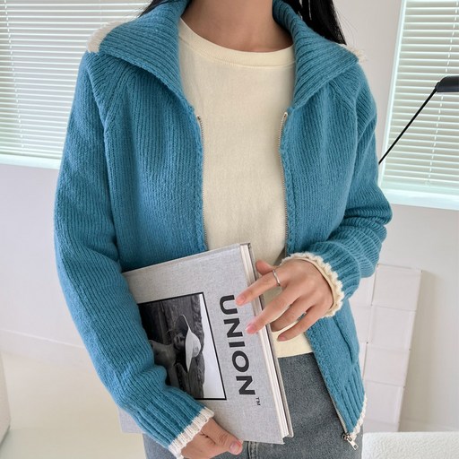 디아미뇽 여성용 파인 배색 니트 가디건