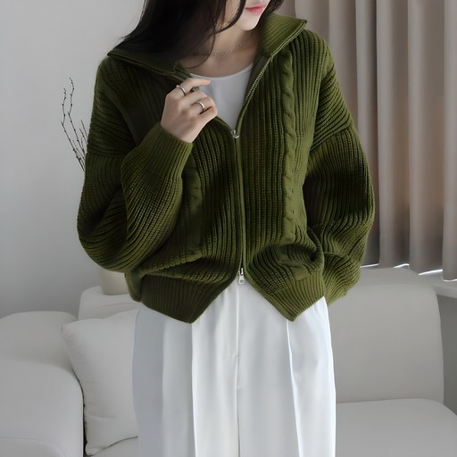 제니트 여성 포근한 투웨이 하찌 꽈배기 루즈핏 하이넥 니트 긴팔 집업 가디건