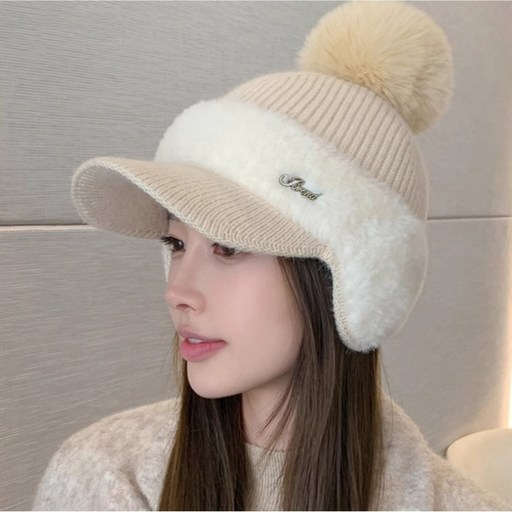 상덕 겨울모자 여성  방한 골프 귀달이 털 방울니트모자