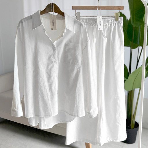 네모엔룩 여성용 린넨셋업 16색상 블라우스팬츠 셔츠카라 밴딩 와이드 여름 린넨면 세트 투피스 NL