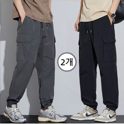 1+1 남자 작업복바지 스트레이트 와이드 레그 멀티 포켓 데일리 여름용 캐주얼 팬츠
