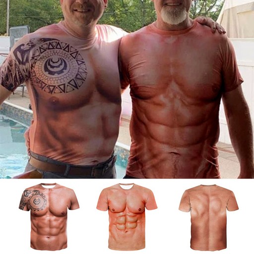 근육 문신 프린트 티셔츠 남성 반소매 3D 디지털 프린팅 티셔츠