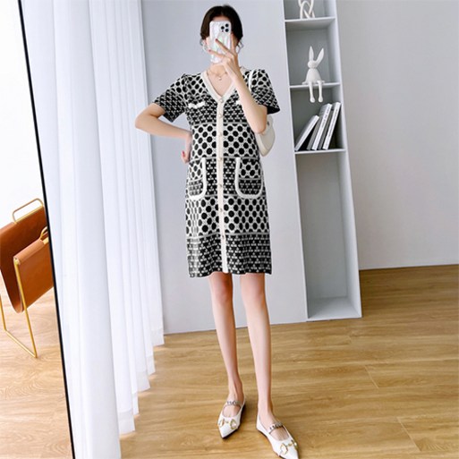 유니크한 진주 단추 트위드 반팔 임산부 임부 원피스