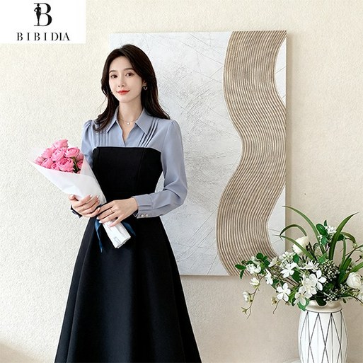 비비디아 여성용 배색 셔츠 뷔스티에 플레어 원피스 하객룩 오피스룩 봄가을 미디롱 원피스 5571