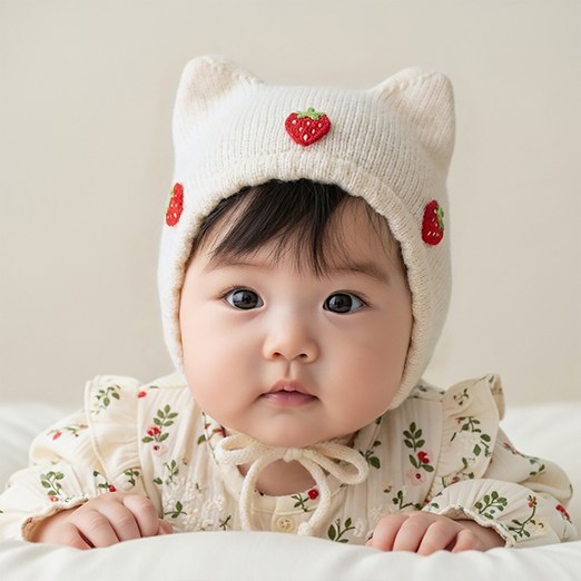 몽실이 딸기 니트 보넷 아동 아기 가을 겨울 모자 이어머프 외출룩